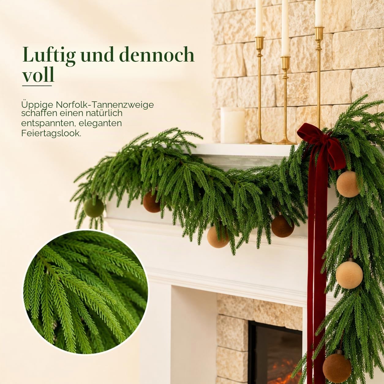 Deluxe Weihnachtsgirlande – Real Touch Norfolk-Kieferngirlande für Kamin, Treppe, Bögen und Weihnachtsdeko, Künstliches Grün (Norfolk-Kieferngirlande, 1,8 m) | Realistische künstliche Weihnachtsdekoration