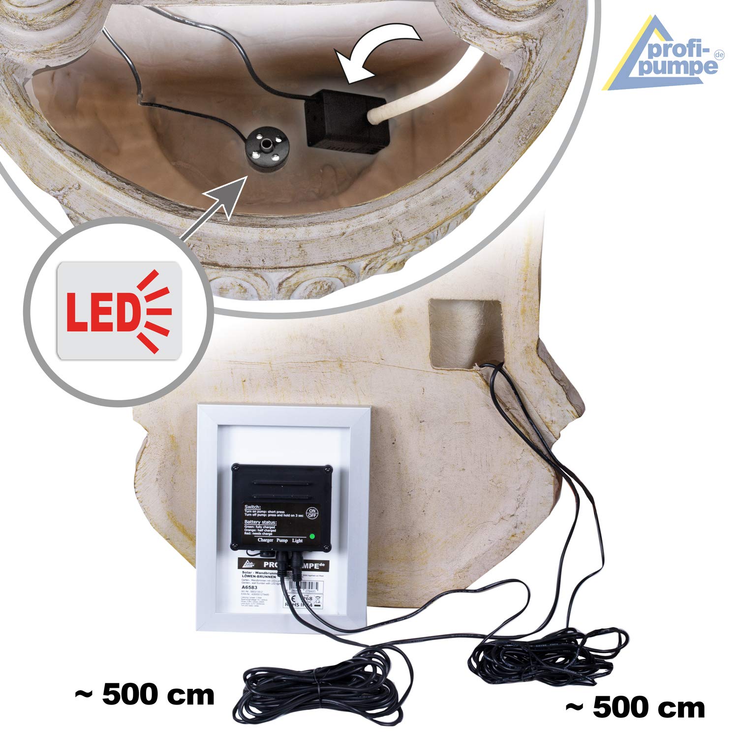 Fontaine de jardin solaire Fontaine Bain d'oiseaux Cascade Décoration de jardin avec pompe, jeu d'eau pour jardin terrasse, fontaine murale, balcon, fontaine Löwen très décorative, lampe de jardin LED
