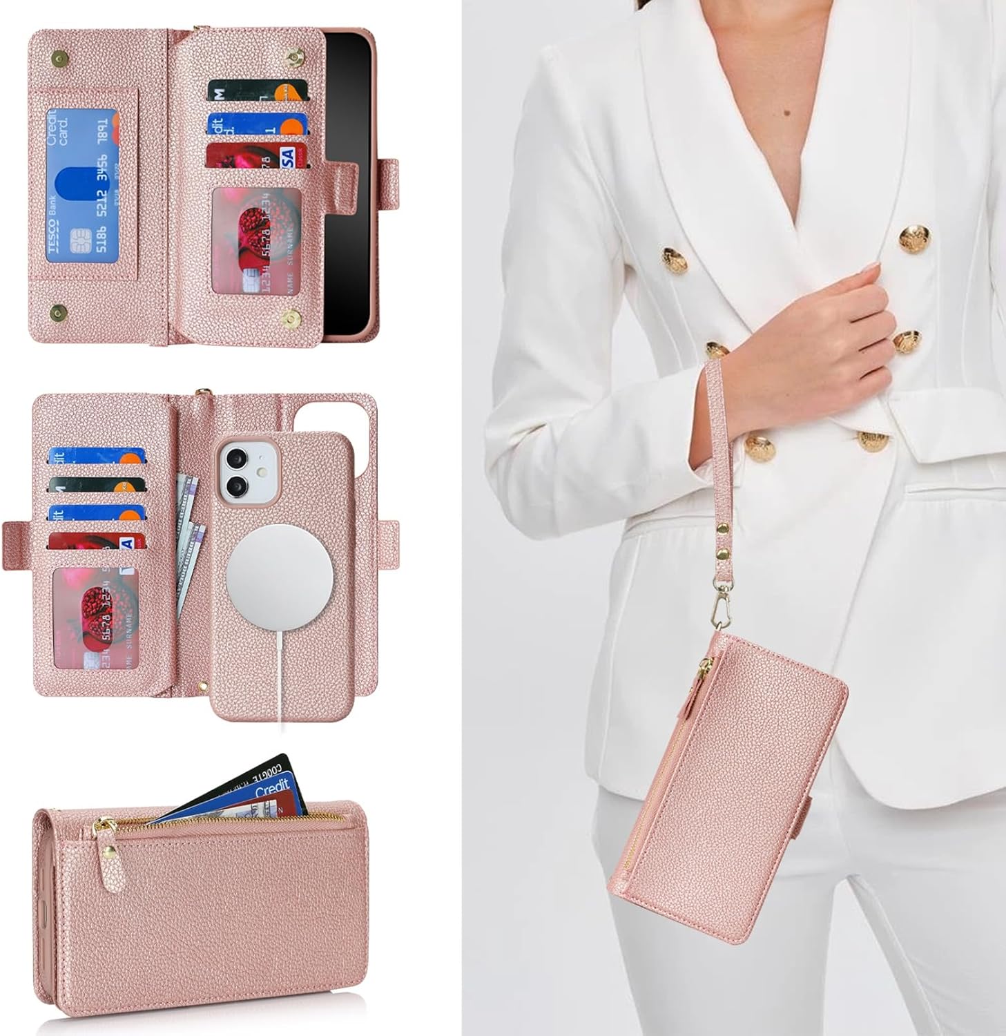 Jaorty for iPhone 12 Pro / 12 Detachable Wallet Case, [Compatible with MagSafe] [Card Holder] [Zipper Pocket],2-in-1 PU Leather Flip Purse Kickstand Wrist Strap Magnetic Cover Men Women,Lichi Rosegold