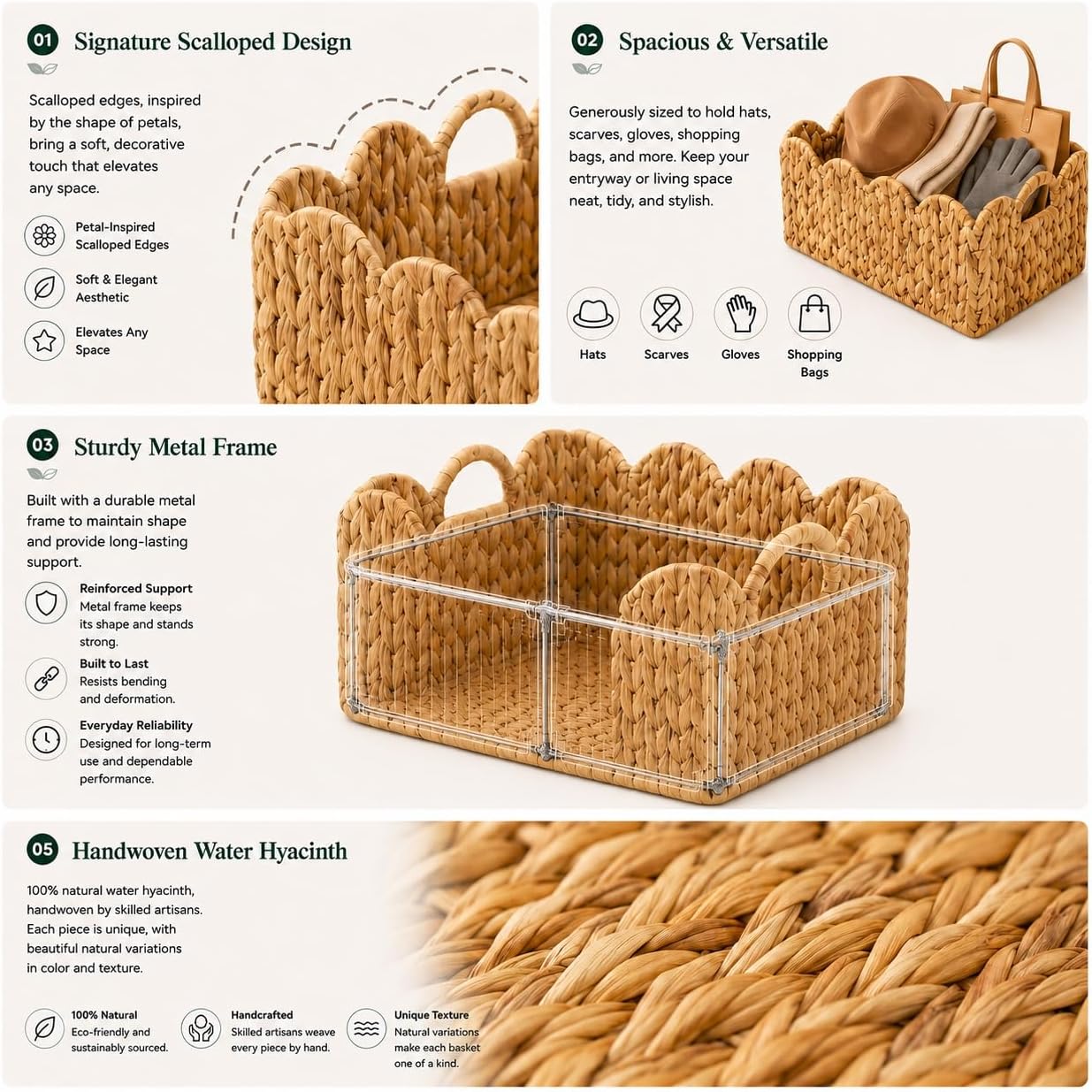 Tray For EntrywayTable,Hanging Scalloped Wall Basket,Large Scalloped Basket | Entryway Organization Set, Woven Water Hyacinth Wicker, Drop Zone For Keys, Mail & Entryway Storage Decor