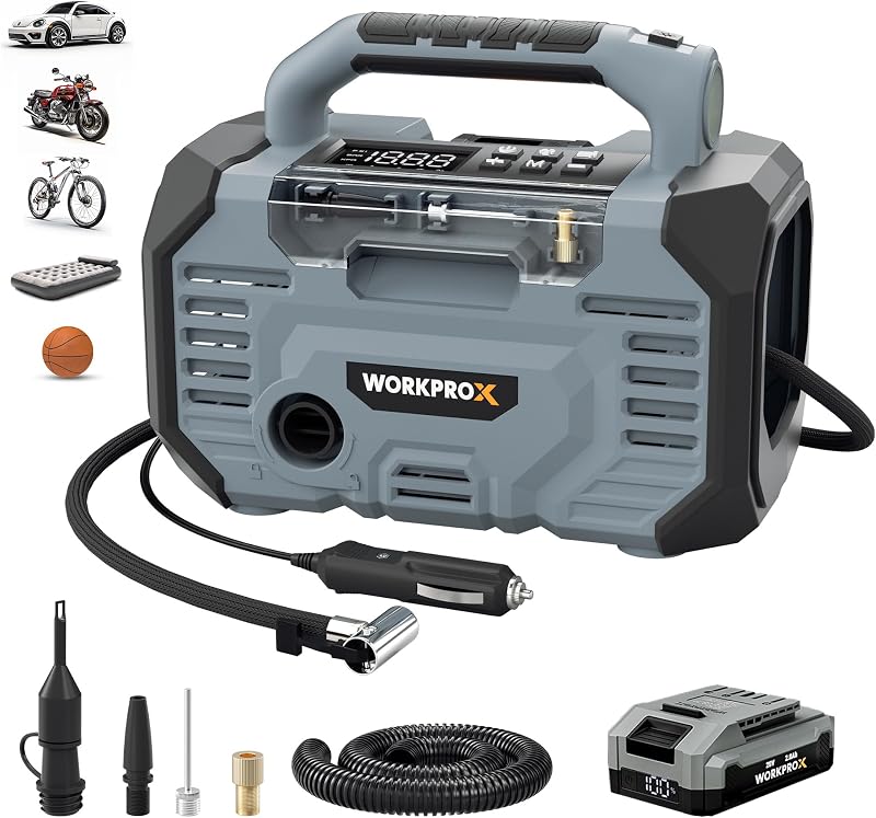 Inflador de neumáticos portátil WORKPROX 150PSI, batería de 12 V CC y 20 V | Compresor y soplador de aire, apagado automático, indicador digital, luz LED, tiempo de funcionamiento de 25 minutos, para automóvil, bicicleta, pelotas y colchones