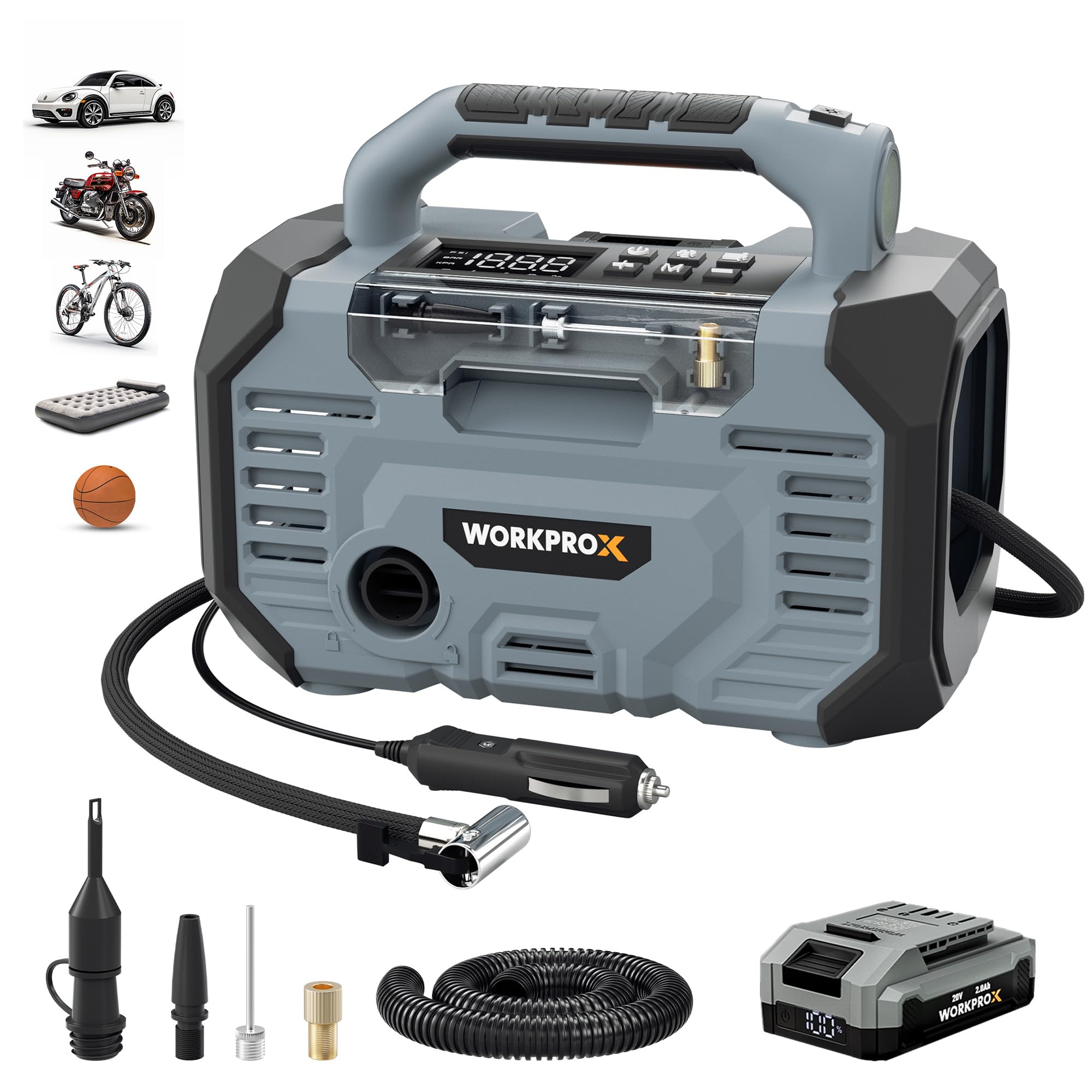 workprox tire inflator portable air compressor 150psi – 12v dc & 20v battery car air pump, 2 modes, auto shut-off, digital gauge & led light, for car, bike, ball & air mattress
