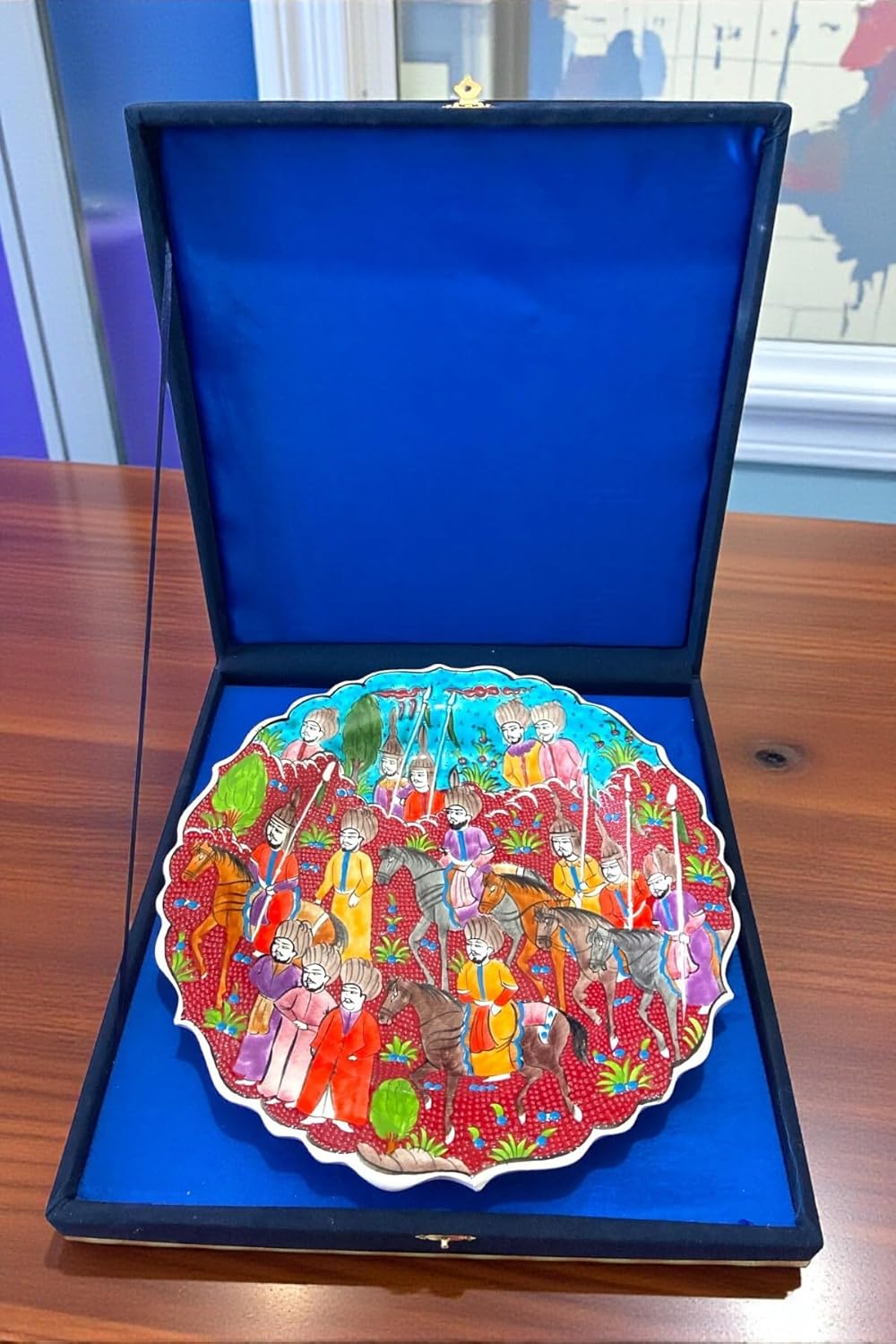 SODEF Ceramic Decorative Plate 11.8 in Turkish Ottoman Miniature Art Red Turquoise, Traditional Home Decor, Two Piece Set - Kırmızı - Turkuaz