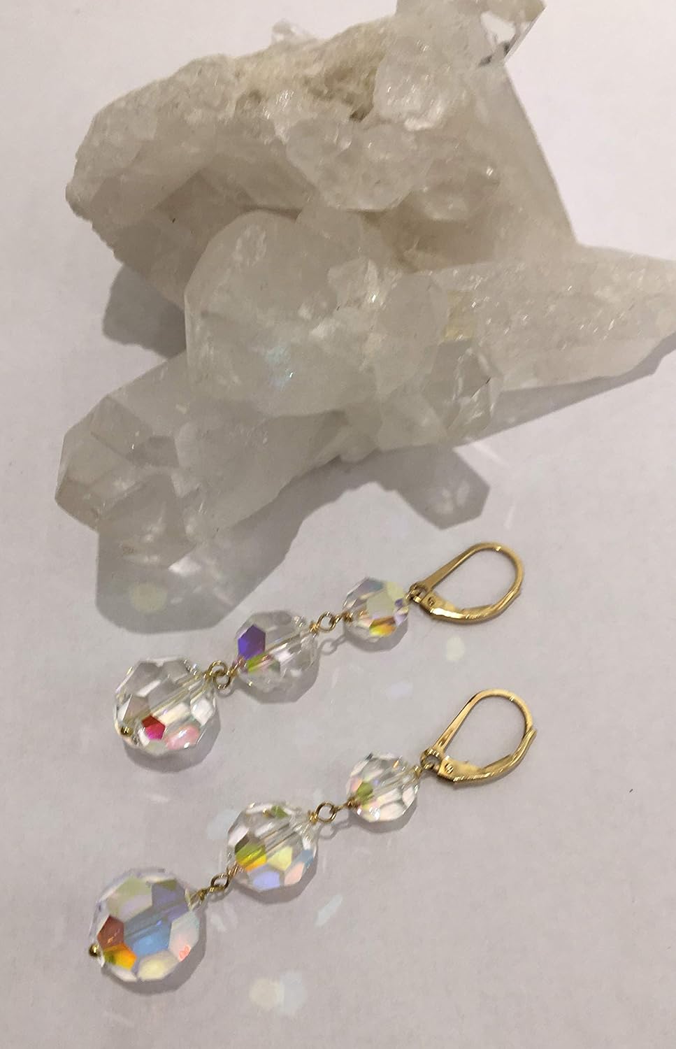 Aurora Borealis Round Crystal Triple Drop Earrings in 14k Gold-filled or Sterling Silver Leverbacks