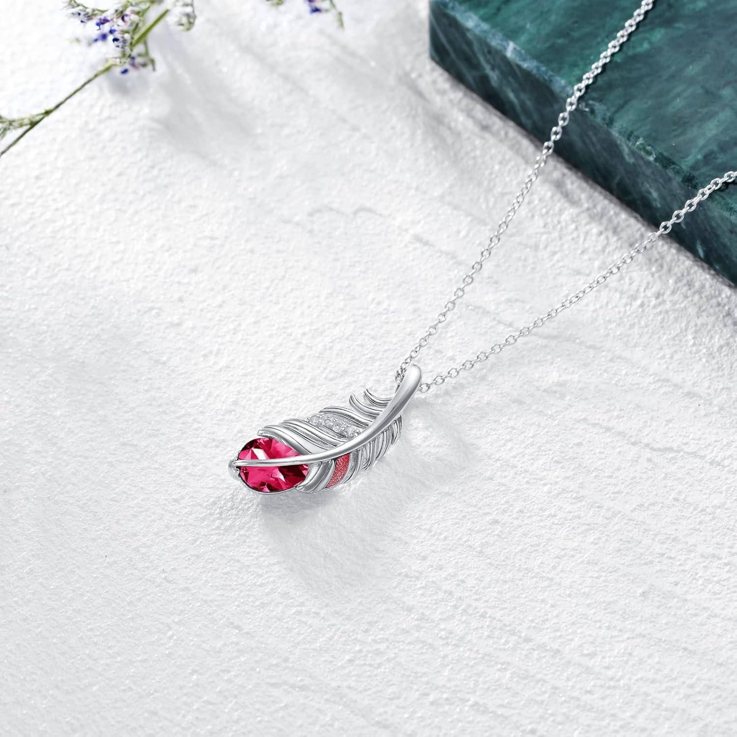 925 Sterling Silver Feather Necklace for Women Crystal Gemstone Birthstone Pendant Jewelry for Her - Image 3