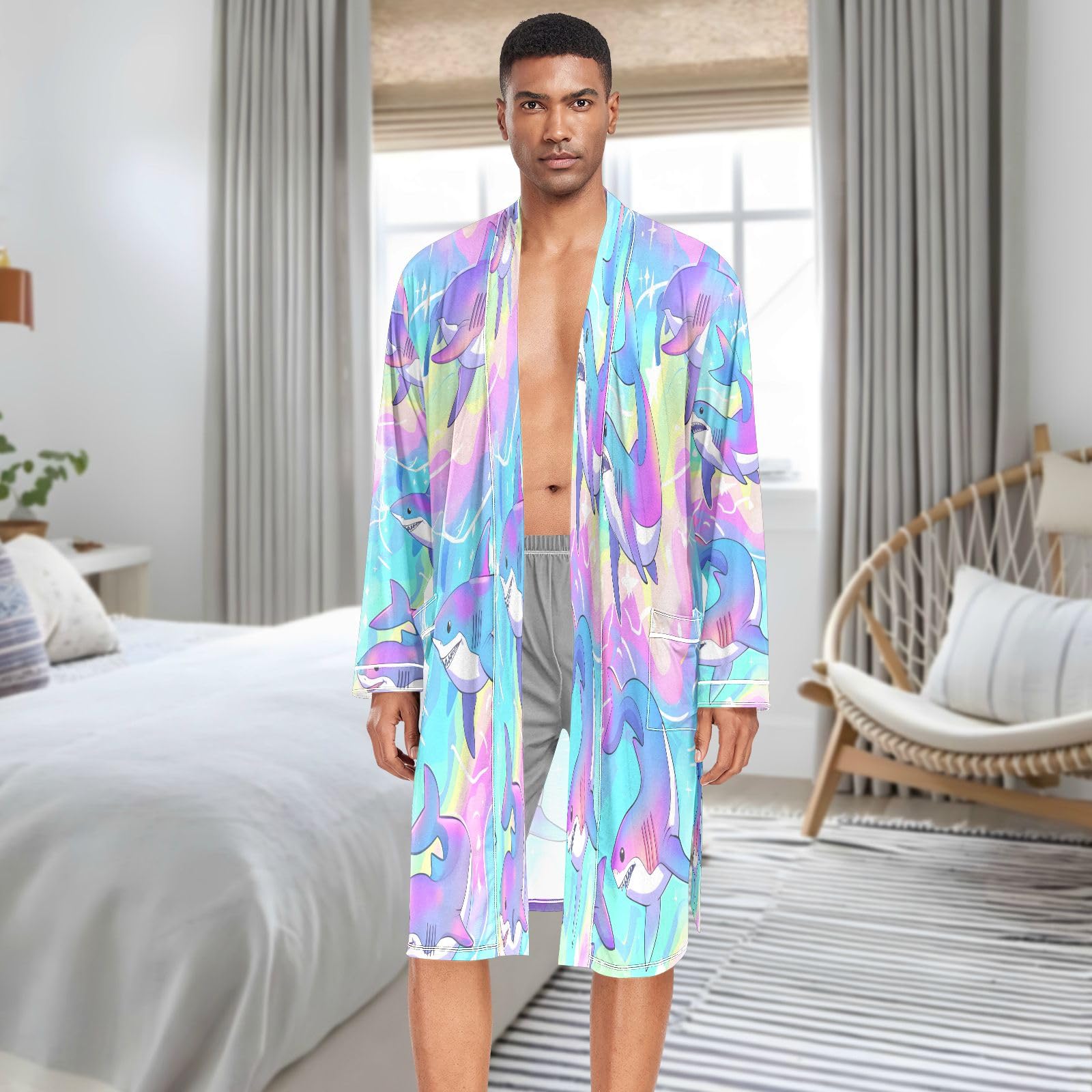 Albornoz ligero para hombre, albornoz de spa, lindo anime, tiburones, natación
