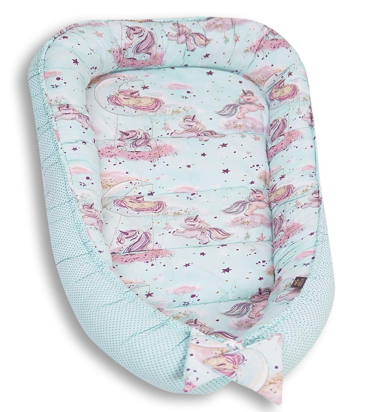 PaLulli 120x60 cm Babynest Babynestchen XXL Babykokon 2seitig 100% Baumwolle Kissen Nestchen für Babybett Reisebett für Baby und Säugling Feathers (Pony Mint)