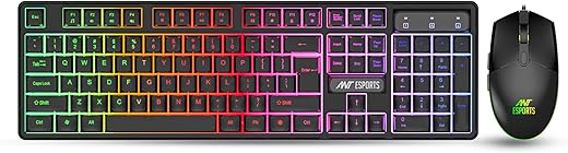Ant Esports KM1650 Gaming Keyboard & Mouse Combo, Wired Backlit Rainbow LED Keyboard & 3200 DPI Gaming Mouse for PC/Laptop – Black