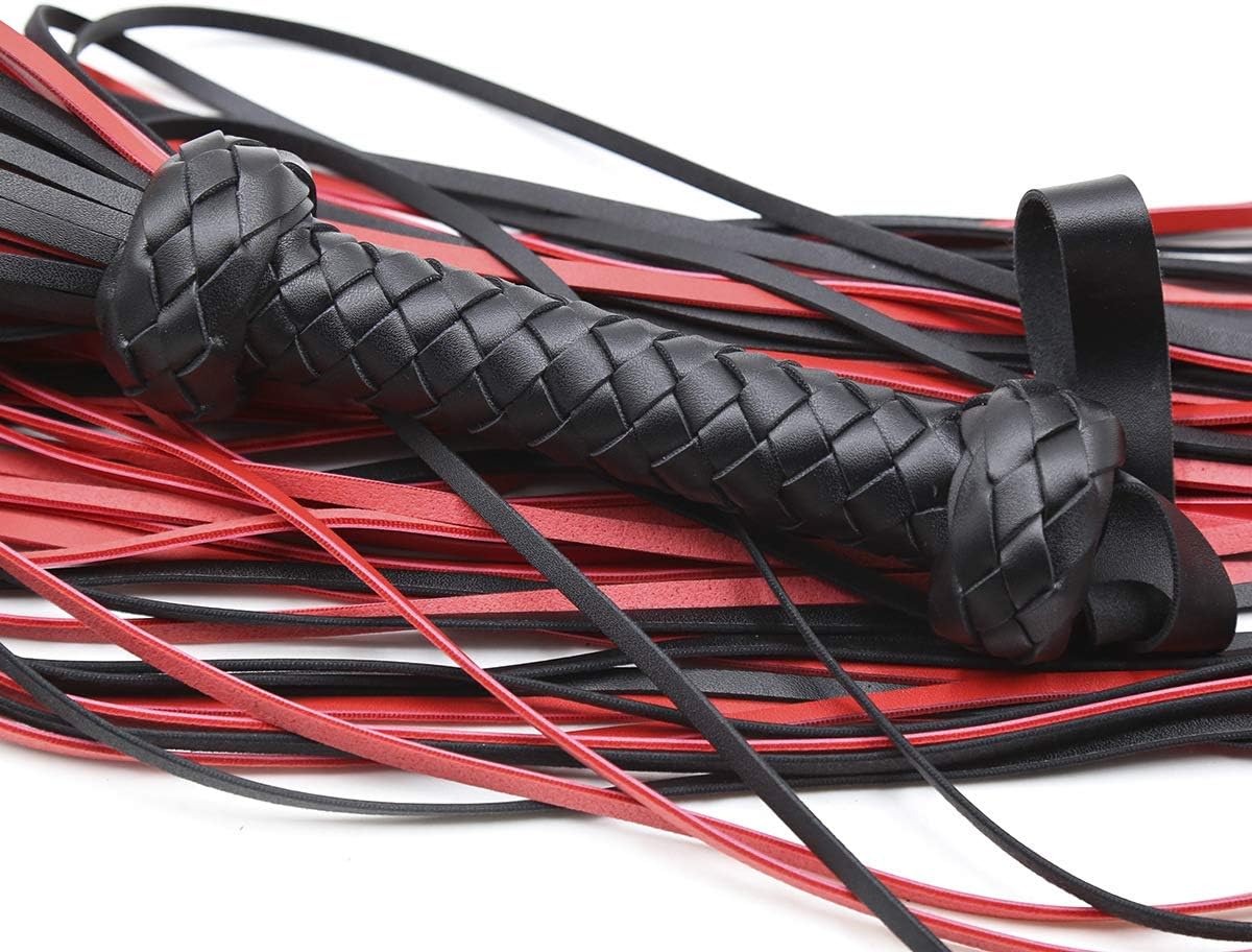 SM Sex Whip Flirting Spanking Paddle PU Leather Black and Red Tassel Whips Flogger Fetish Braided Handle Whip Props Toning Adult Sex Toys for Couple BDSM Game Bedroom