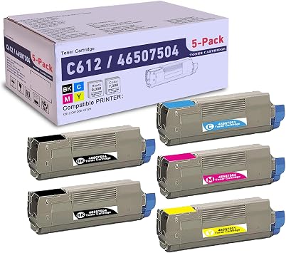 5 Pack 2 BK/C/M/Y 46507504 Compatible C612 Toner Cartridge, Replacement for OKI C612 46507504 - Compatible with C612 C612dn C612n Printer | Up to 9,000 Pages 1 Each