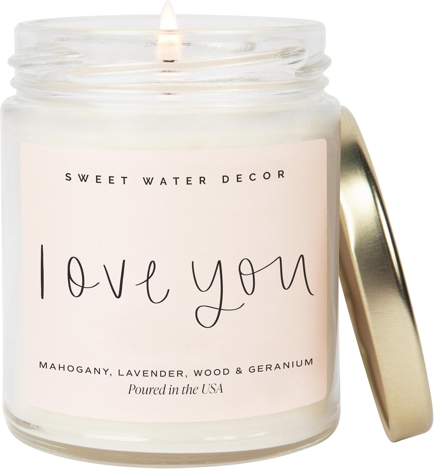 Sweet Water Decor Love You Scented Candle, Non Toxic Soy Candles with Fresh Lavender, Geranium, Warm Mahogany and Earthy Teakwood, 40 Hour Burn Time, 9Oz Gold Lid Clear Jar Candle, Poured in The USA
