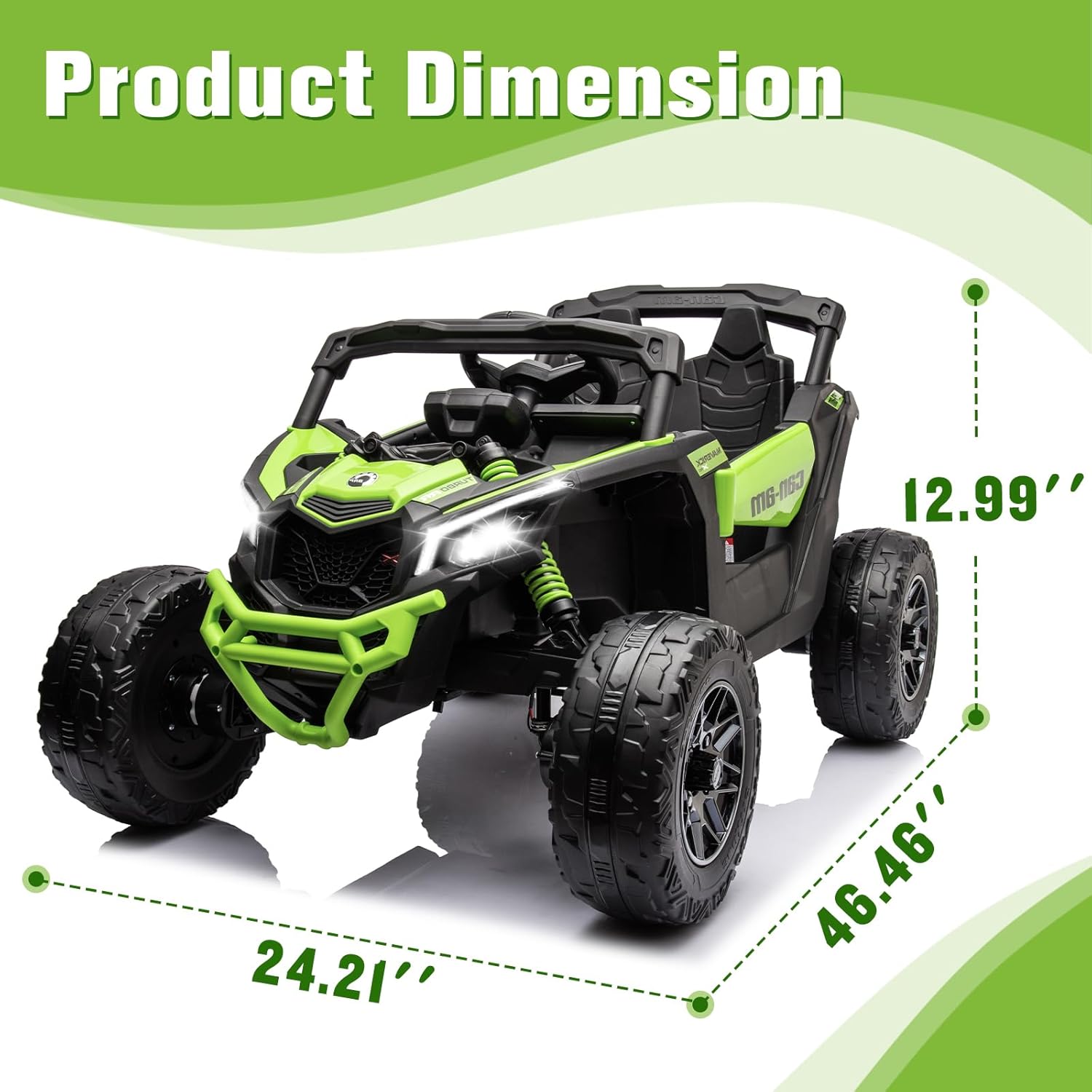 Product dimensions of the UTV: 46.45 inches length, 24.21 inches width, 12.99 inches height