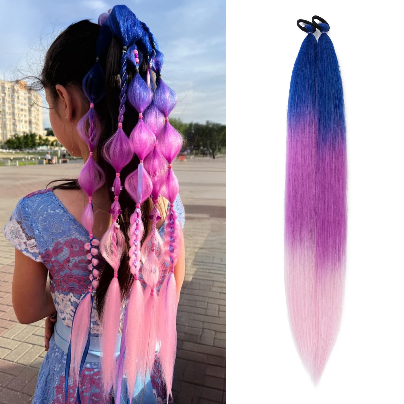 S-noilite Ombre Ponytail Hair Extensions with Hair Tie for Women Girls,Colored Synthetic Hairpiece Daily Party Costume DIY Braiding,26inch 2pcs,Blue to Purple to Pink