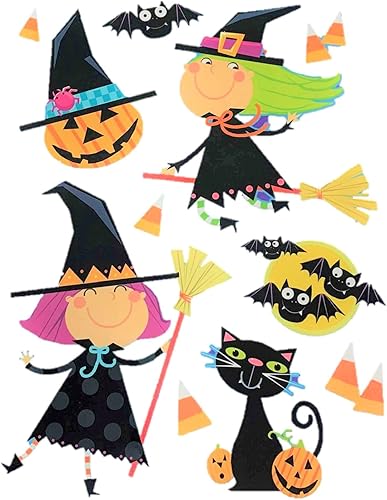 Halloween reutilizable ventana ~ Happy brujas, calabazas, murciélagos en vuelo, de rayas Candy Corn (11 se adhiere, 1 hoja)