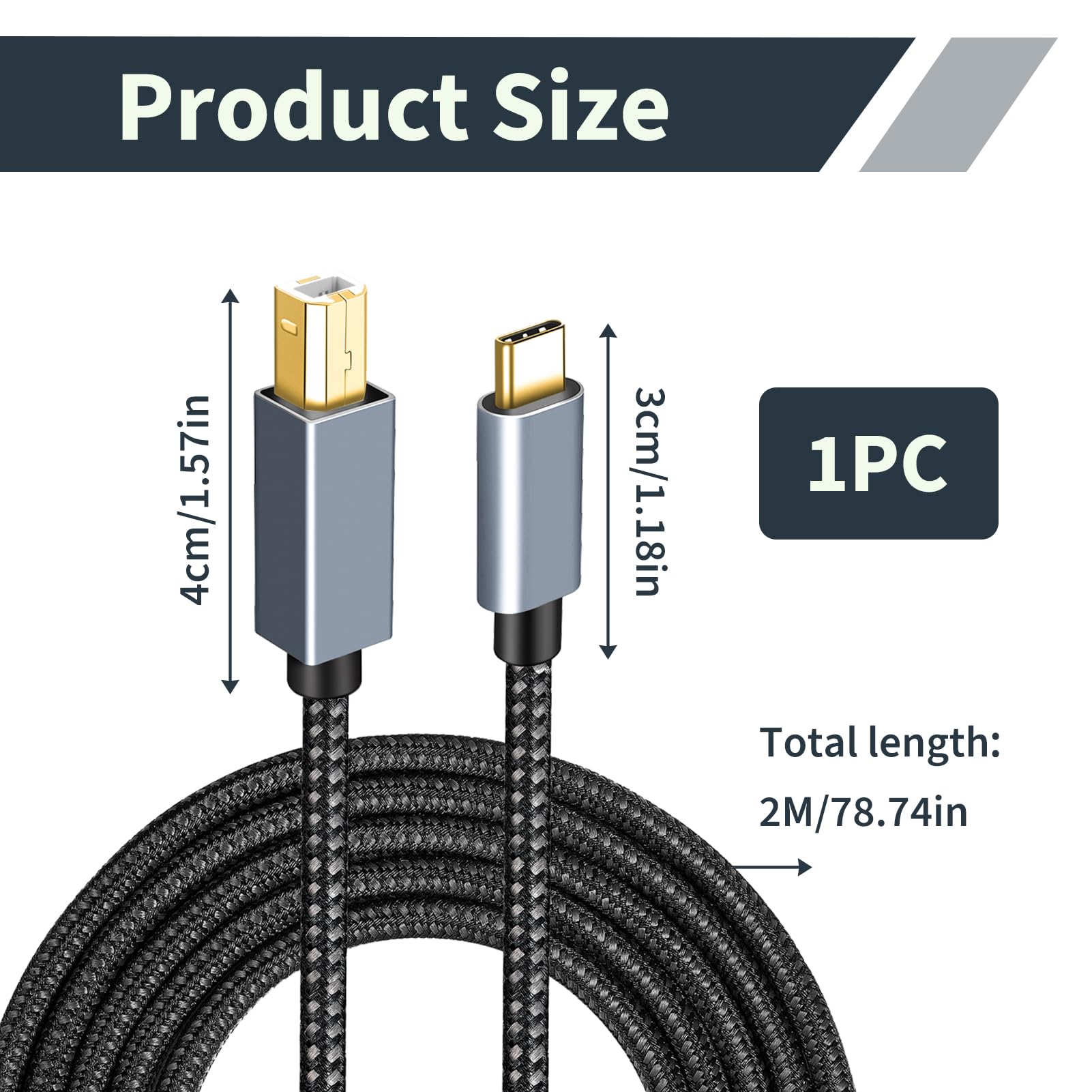 Câble USB C vers MIDI de 2 m, câble d'interface USB C vers B MIDI pour clavier MIDI, contrôleur, synthétiseur, interface audio, compatible avec Windows, macOS, Linux, transfert de données rapide, Plug