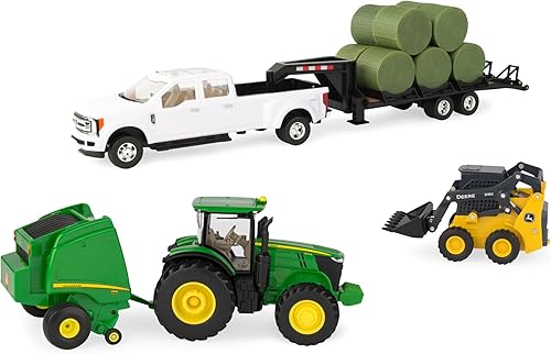 TOMY John Deere - Juego de henado de pacas redondas - escala 1:32 - Incluye tractor John Deere 7R, empacadora redonda 569 y juguete de minicargadora