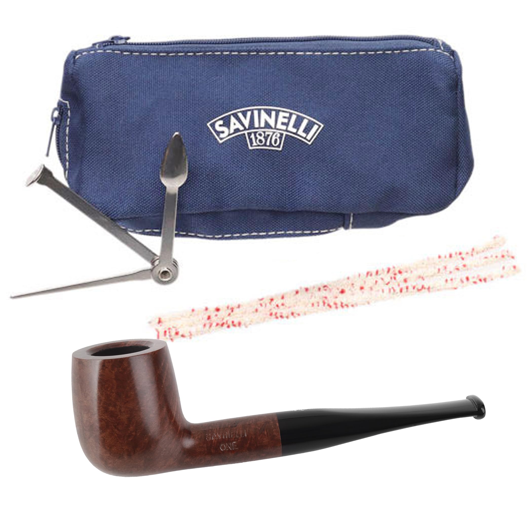 SavinelliOne Kit - Handmade Italian Briar Wood Pipe, Blue Zipper Pouch, Cleaners, Czech Pipe Tool, 6mm, Straight Billiard, Polished Finish, 106