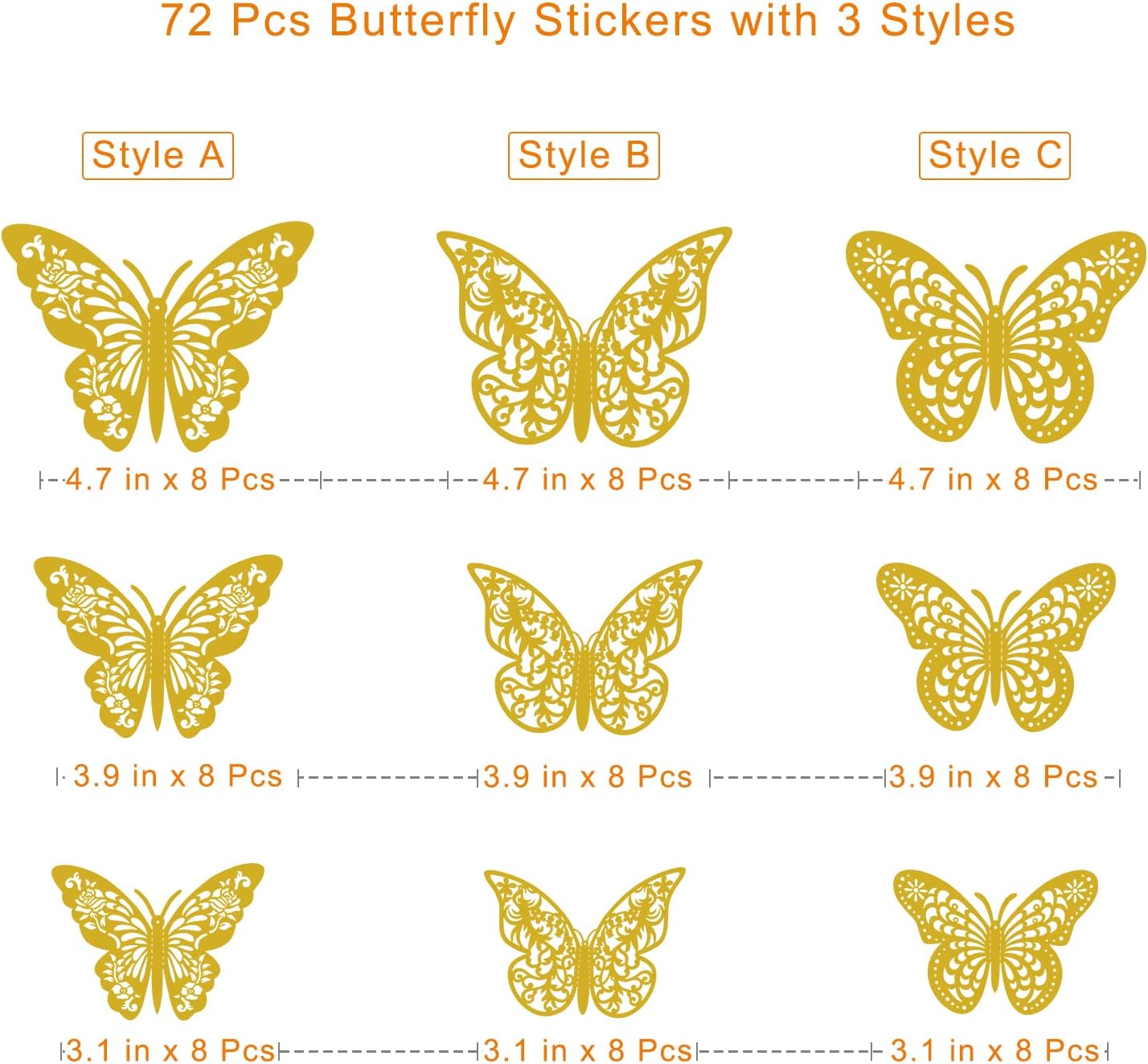 3D Butterfly Wall Decor, 72 Pcs, 3 Styles, 3 Sizes, Gold Butterflies for Party, Birthday, Cake Decorations, Removable Stickers for Wedding Room Flower Decor