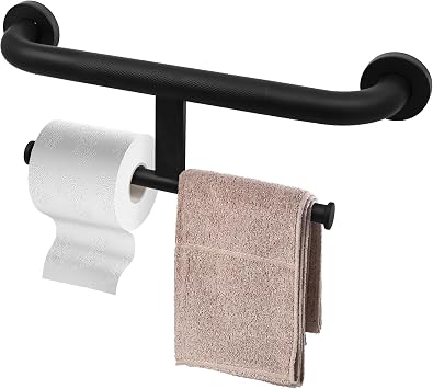Handicap Grab Bar with Toilet Paper Roll Holder, 2-in-1 Safety Assist Bar Support Handle 16 Inch, Black Stainless Steel Wall Mounted Bathroom Toilet Grab Bar for Senior Elderly