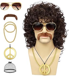 Mens Curly Wig + Glasses + Gold Chain + Peace Sign Necklace +Mustache + ...