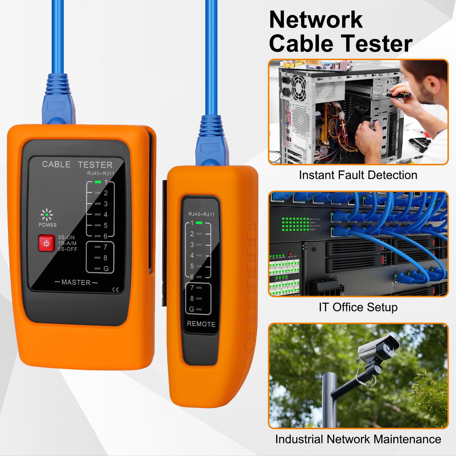 Tester Cavi di Rete RJ45 RJ11 con Test PoE fino a 300 m, Misurazione Lunghezza Cavo, Rilevamento Cortocircuito e Guasti, Compatibile CAT5 CAT6 CAT7 CAT8, Tester LAN per Ethernet e ISDN