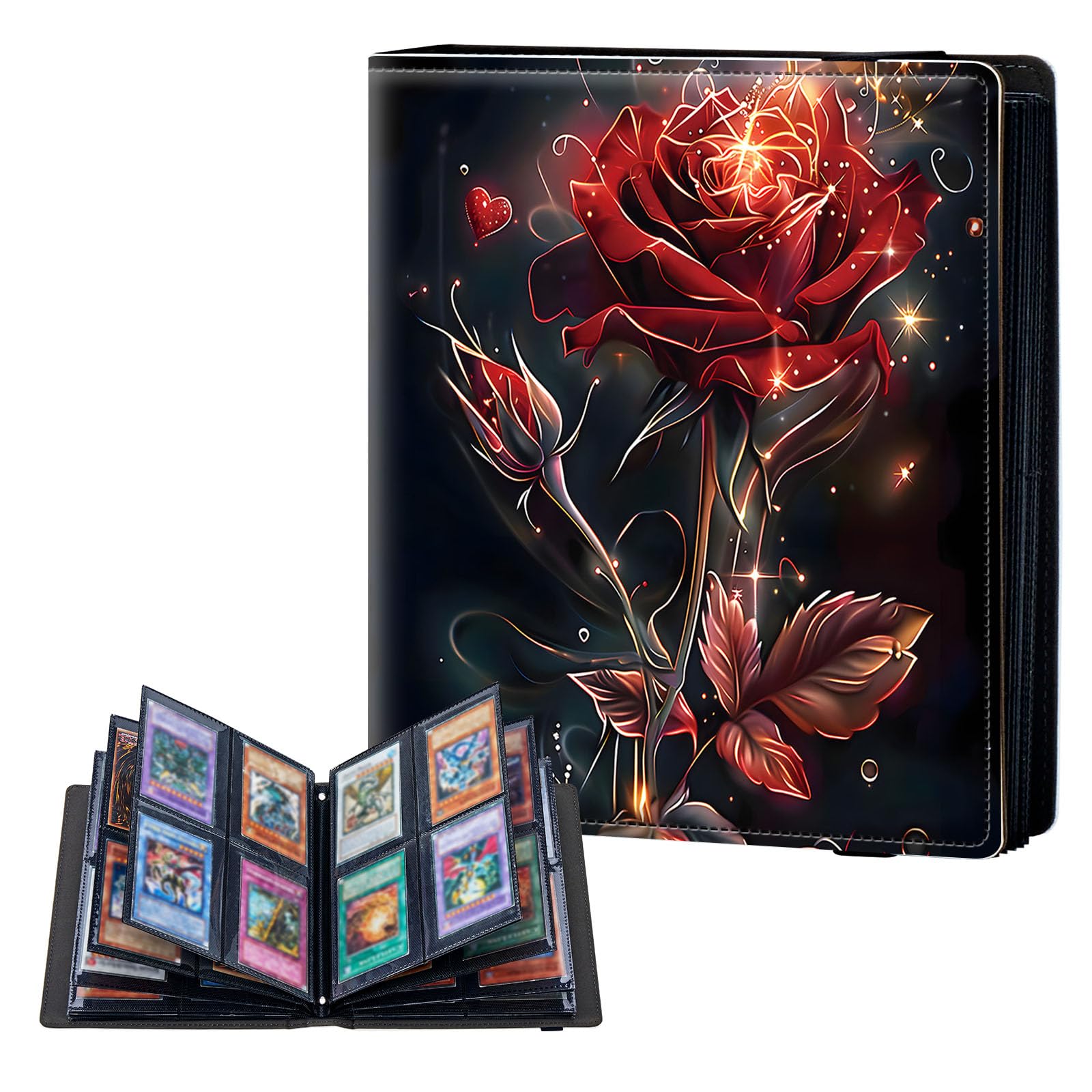 ETLKJVBL 4 Pocket Trading Card Binder, Card Collection Binder for TCG, MTG, Sports Cards, Baseball, Red Rose Trading Card Book Holder for Collectors, Top Loader Binder