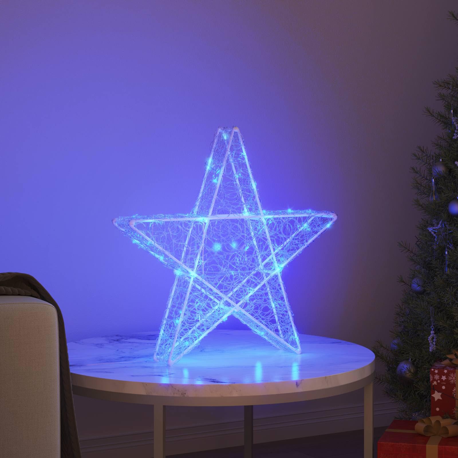 Estrella 3D de acrílico con 50 LED, azul, 55 x 53,5 x 10 cm, alimentado por USB, mando a distancia, decoración para árbol de Navidad, decoración para interior y exterior protegido
