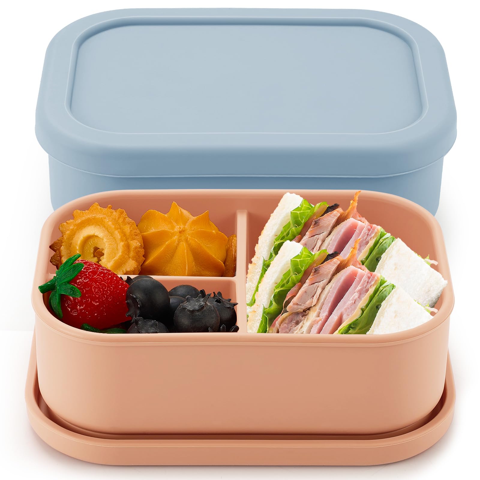 Layhit 2 Pcs Silicone Bento Box, 3 Compartments, Orange,Gray Blue