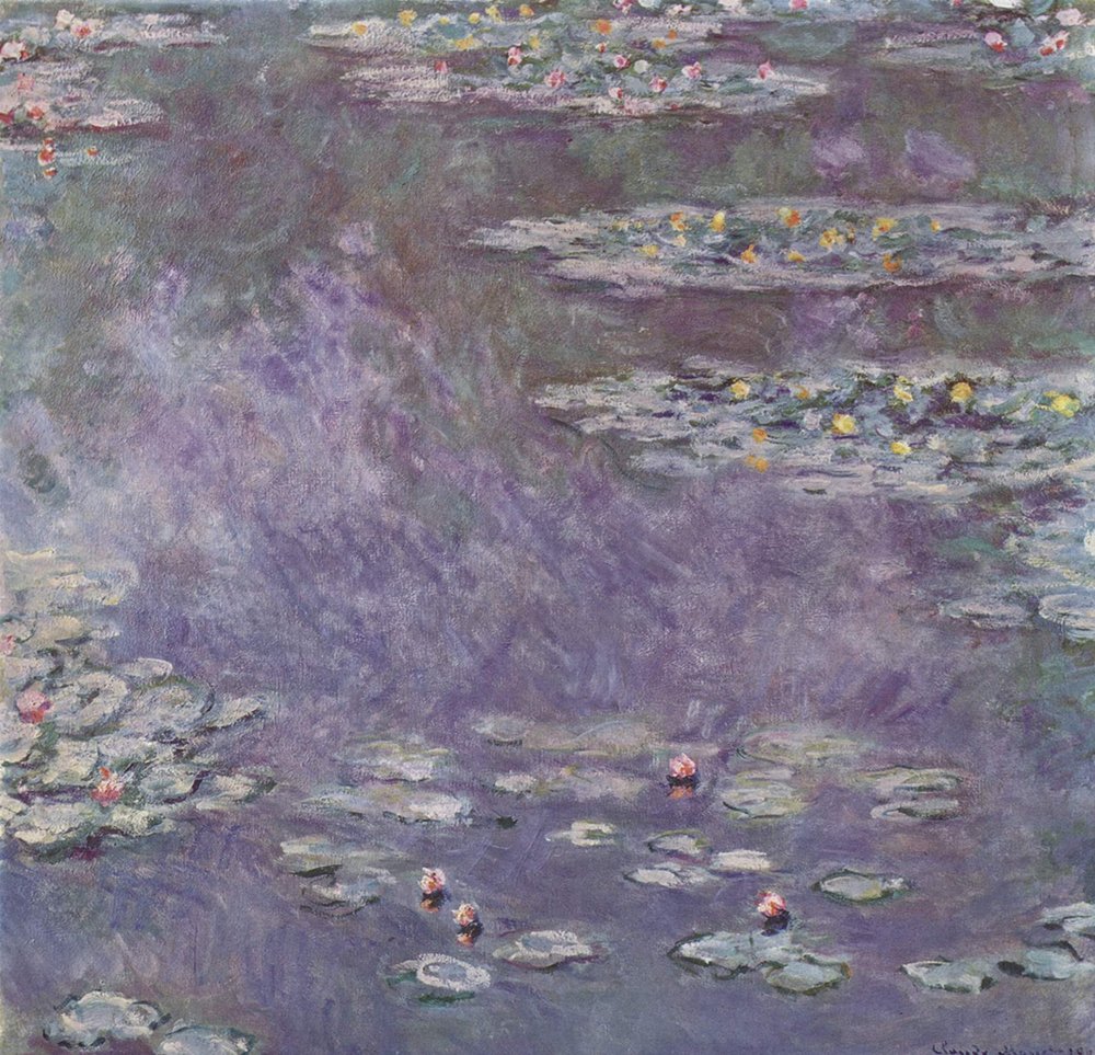 Toile Claude Monet Purple Lilies grand format avec cadre noir pour mur vide