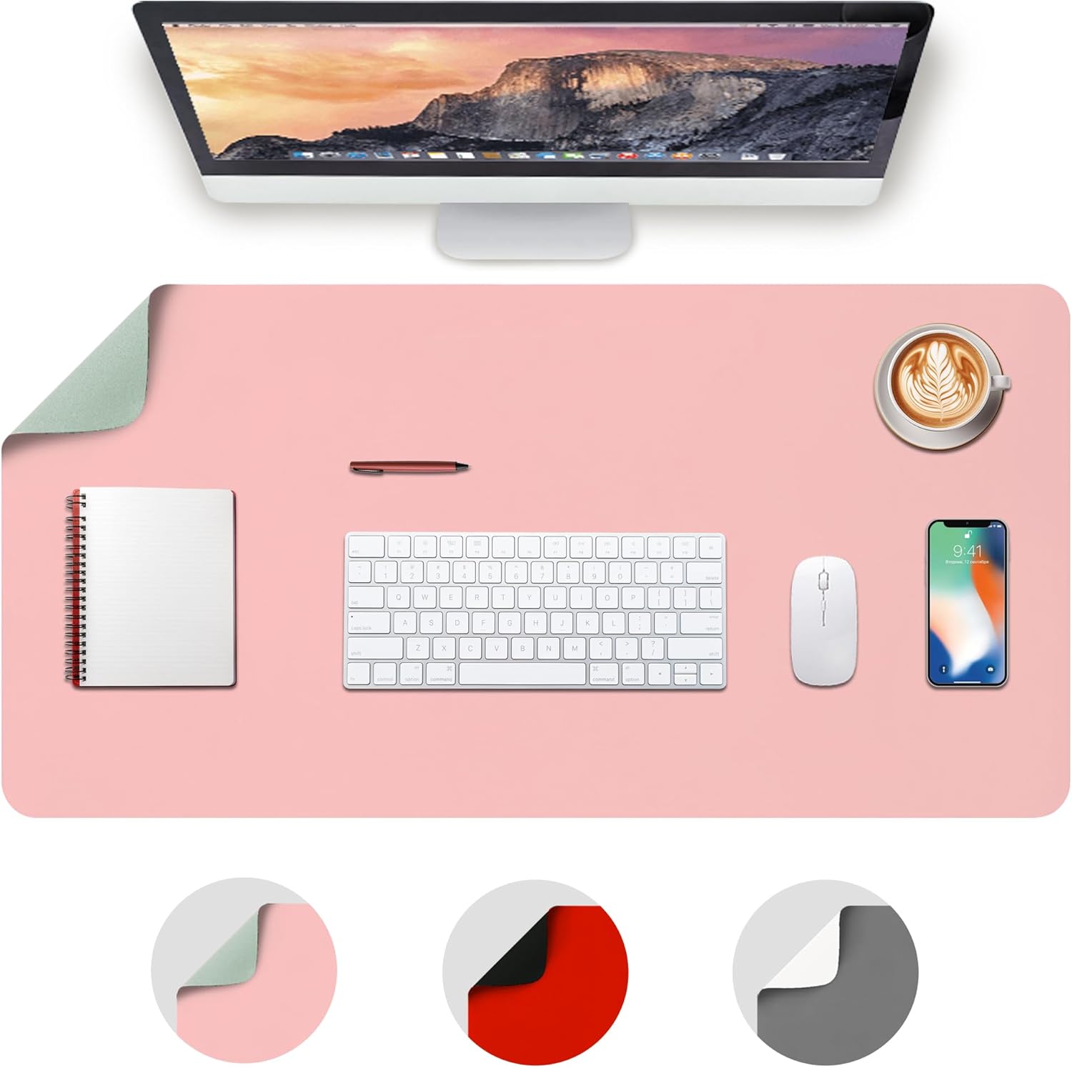Deflecto Reversible Double Sided Faux Leather Desk Pad Protector,Mouse Pad,Office Desk Mat,Non-Slip,Waterproof Writing Pad (80cm x 40cm, Pink/Green)