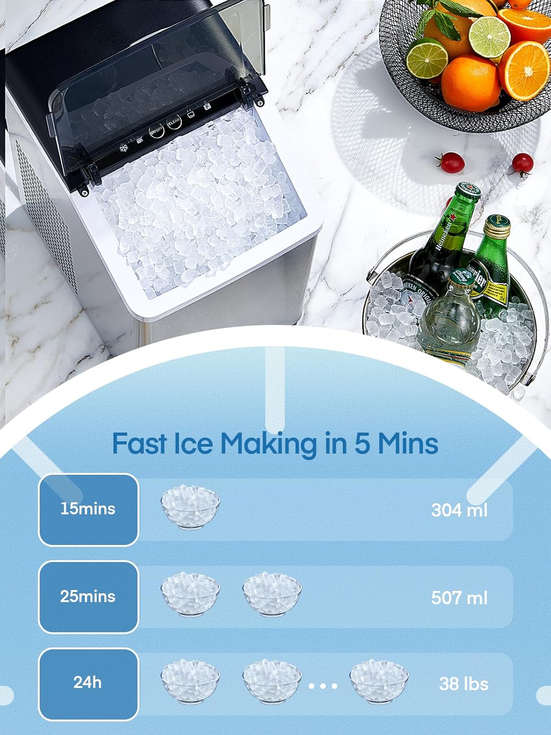 Image showing the ice maker producing ice rapidly, with a timer indicating 5 minutes for the first batch.