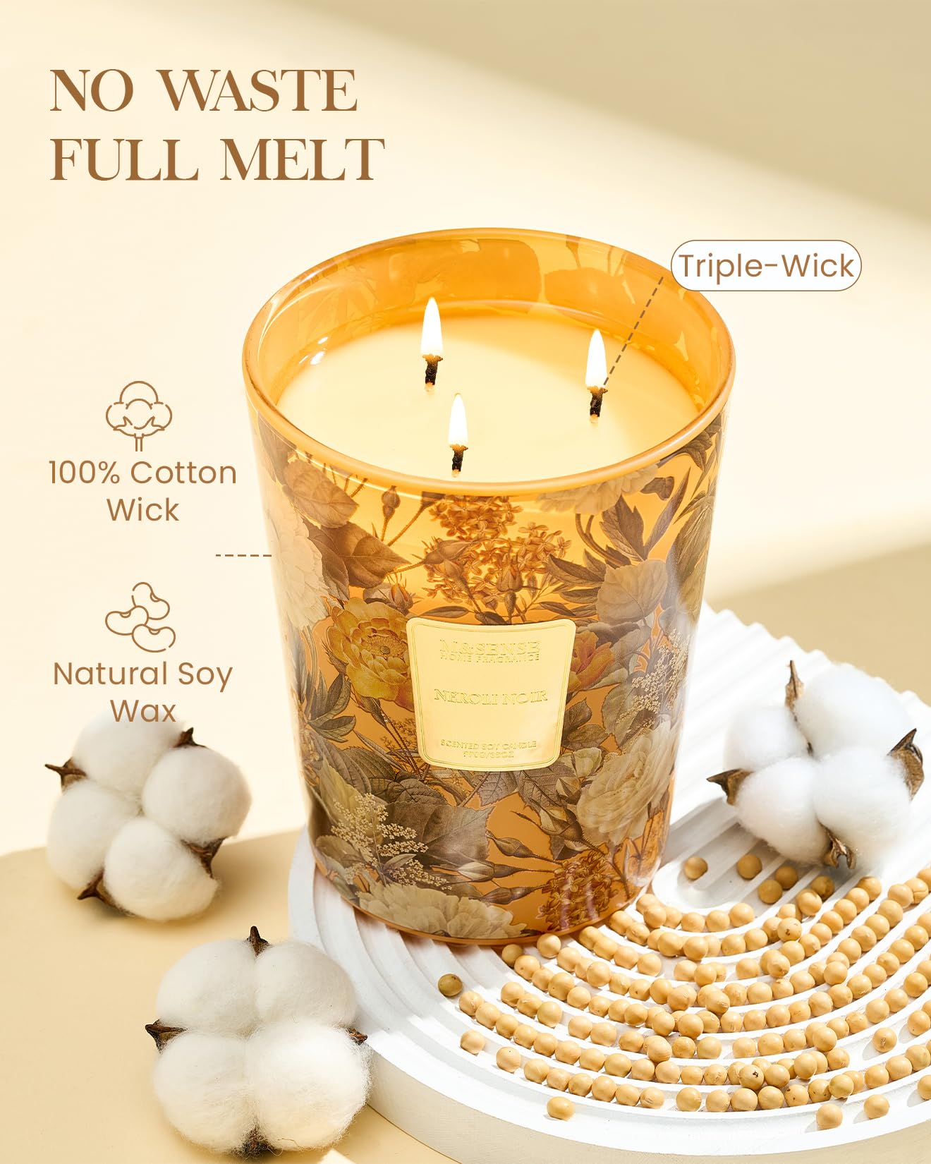 M&SENSE Neroli-Noir Vela perfumada en tarro grande, 990 g, cera de soja natural, con 3 mechas, 150 horas de combustión, no tóxica y duradera, para spa, ideal para el hogar y la oficina