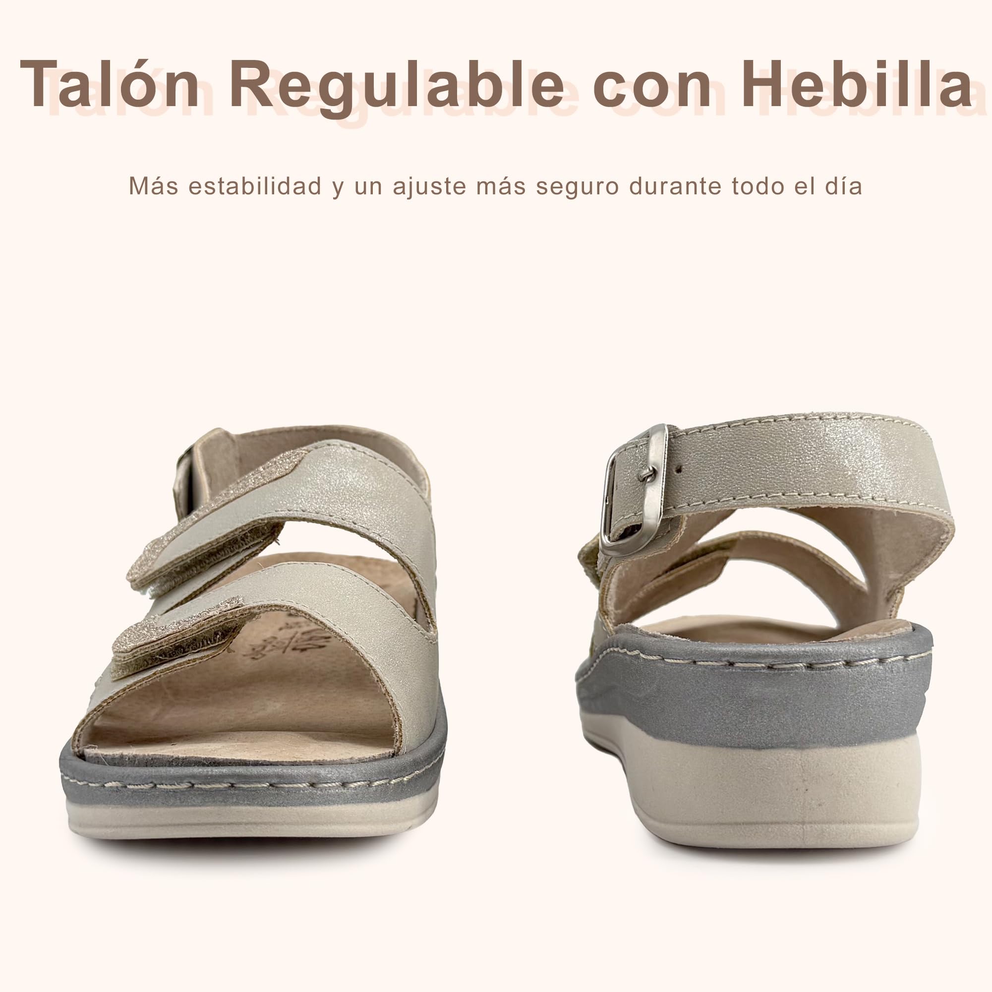 JOMIX Sandalias Ortopédicas Mujer Cómodas con Tiras Ajustables y Hebilla Regulable Cuña Ergonómica Anatómica Plantilla Extraíble de Piel Zapatillas de Verano para Mayor y Pies Sensibles