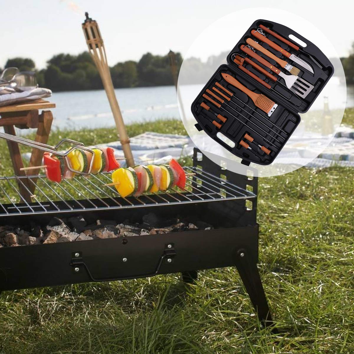 Yardwe - Set di attrezzi per barbecue, in acciaio INOX, con valigetta in plastica, 18 pezzi