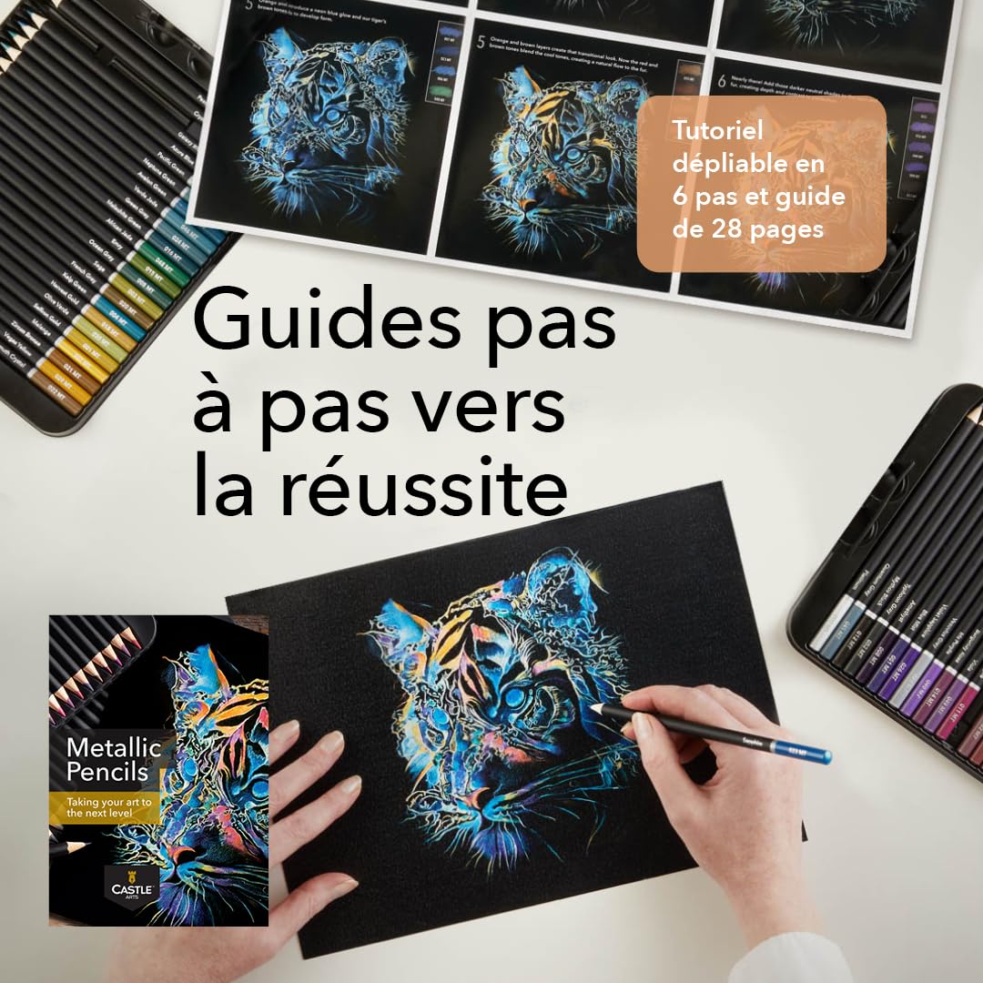 Castle Art Supplies Set de Crayons de Couleur Métallisés | 48 Tons Scintillants, Mines en Cire pour les Professionnels, Coloristes et Artistes Adultes | Protégés dans une Boîte de Présentation