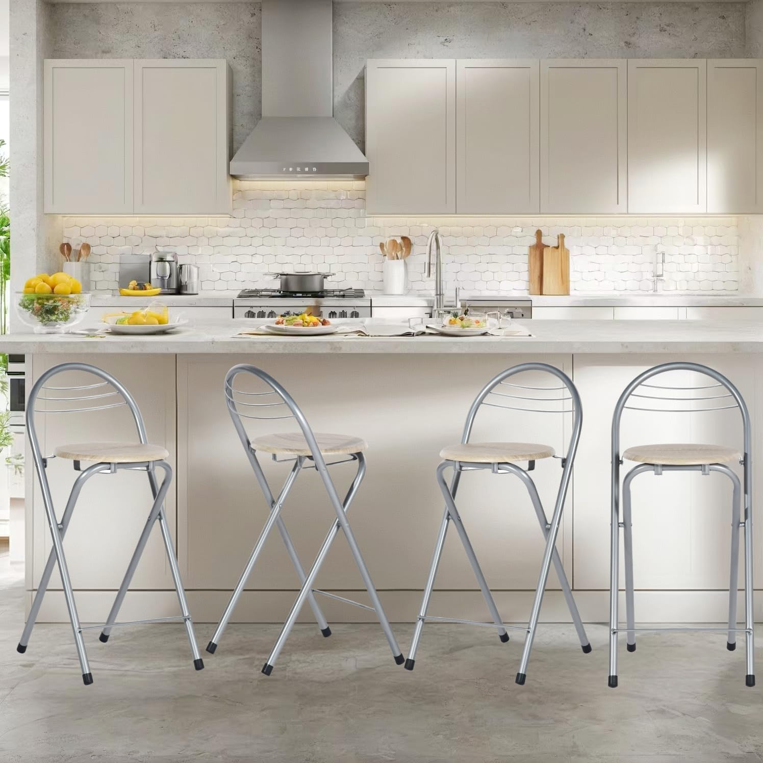 ZZINOKE Lot De 2 Tabourets De Bar Pliants Sans Montage - Hauteur 61cm Grain De Chêne/Argent - Extérieur Intérieur Cuisine Bistrot