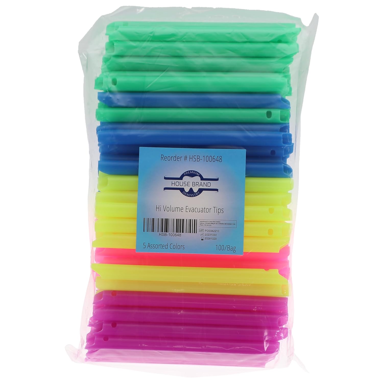 HSB 100648, High-Volume Evacuator Tips, Dual-Purpose, Smooth Edges, Fits All Standard Hoses, Disposable Suction Tips for Dental Procedures, HVE 5, Assorted Colors, 100/Pk