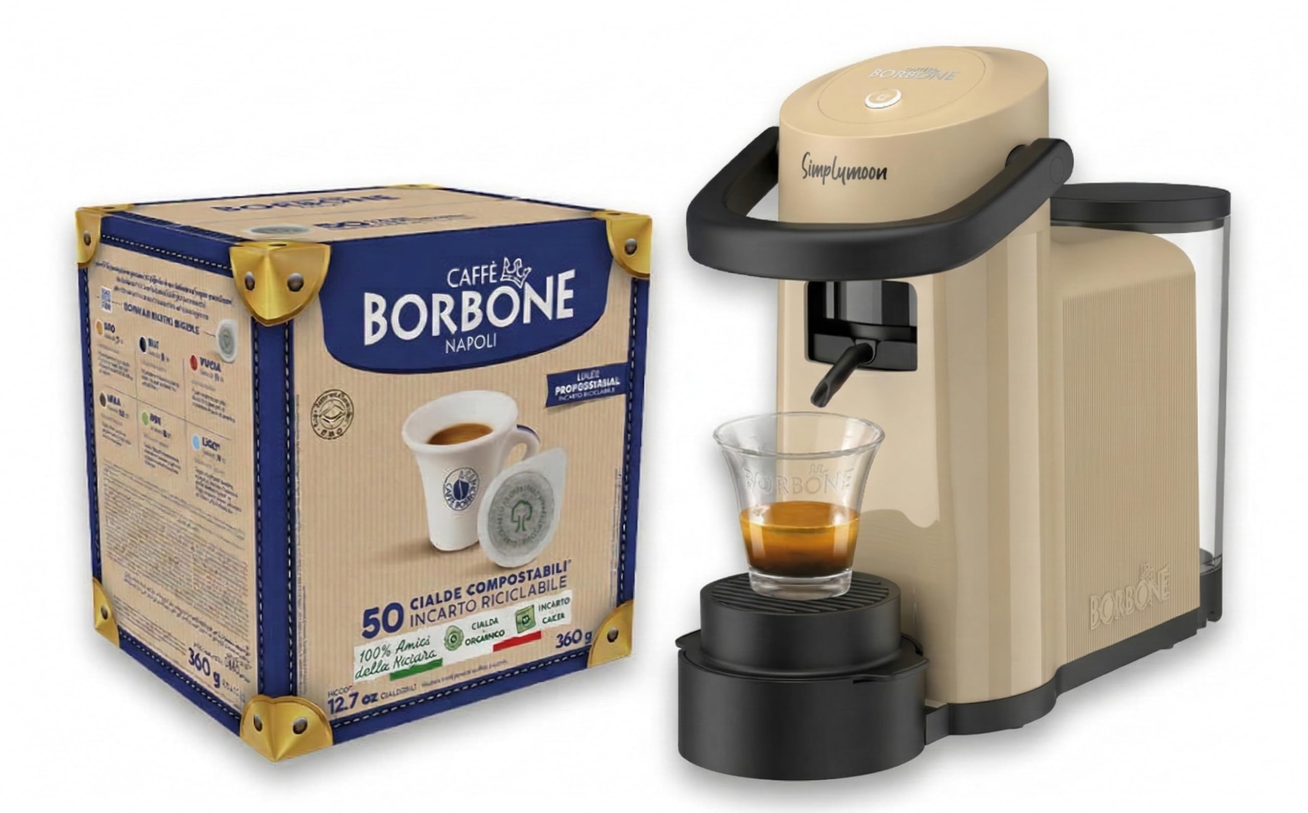 CAFFÈ BORBONE Simplymoon Macchina a Cialde - 50 Cialde di Miscela Blu - Set da 8 bicchierini in vetro