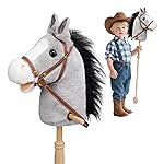 HollyHOME Stick Horse Plush Handcrafted Hobby Horse on a Stick with Wood Wheels Real Pony Neighing and Galloping Sounds for Kids Toddlers Grey 36 Inches(AA Batteries Required)