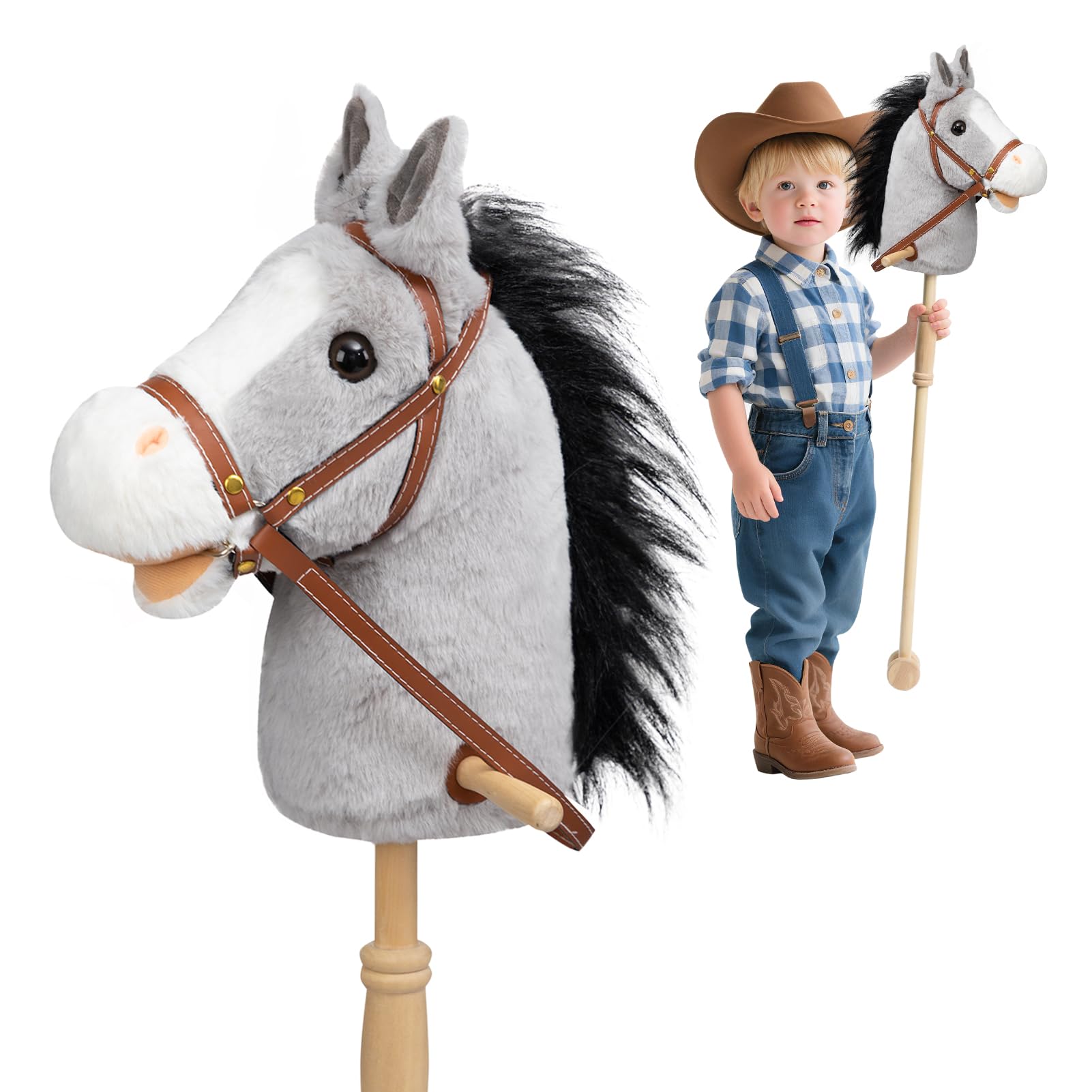 HollyHOME Stick Horse Plush Handcrafted Hobby Horse on a Stick with Wood Wheels Real Pony Neighing and Galloping Sounds for Kids Toddlers Grey 36 Inches(AA Batteries Required)