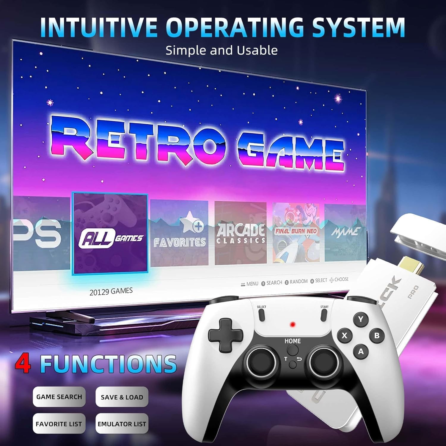 CRUPED New 4K Retro Pro Gaming Console | 20,000+ Preloaded Games | HDMI Plug & Play Game Stick | Wireless TV Game System | Classic Arcade Emulator | Dual 2.4G Controllers | 64GB Mini Game Box 4