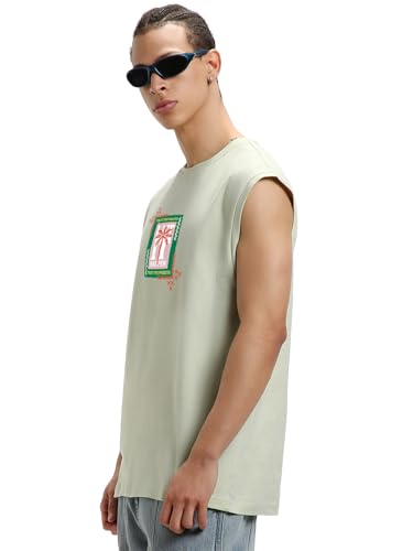 Image of Bewakoof Men's Graphic Print Boxy Fit Sleeveless Round Neck Pure Cotton Vest