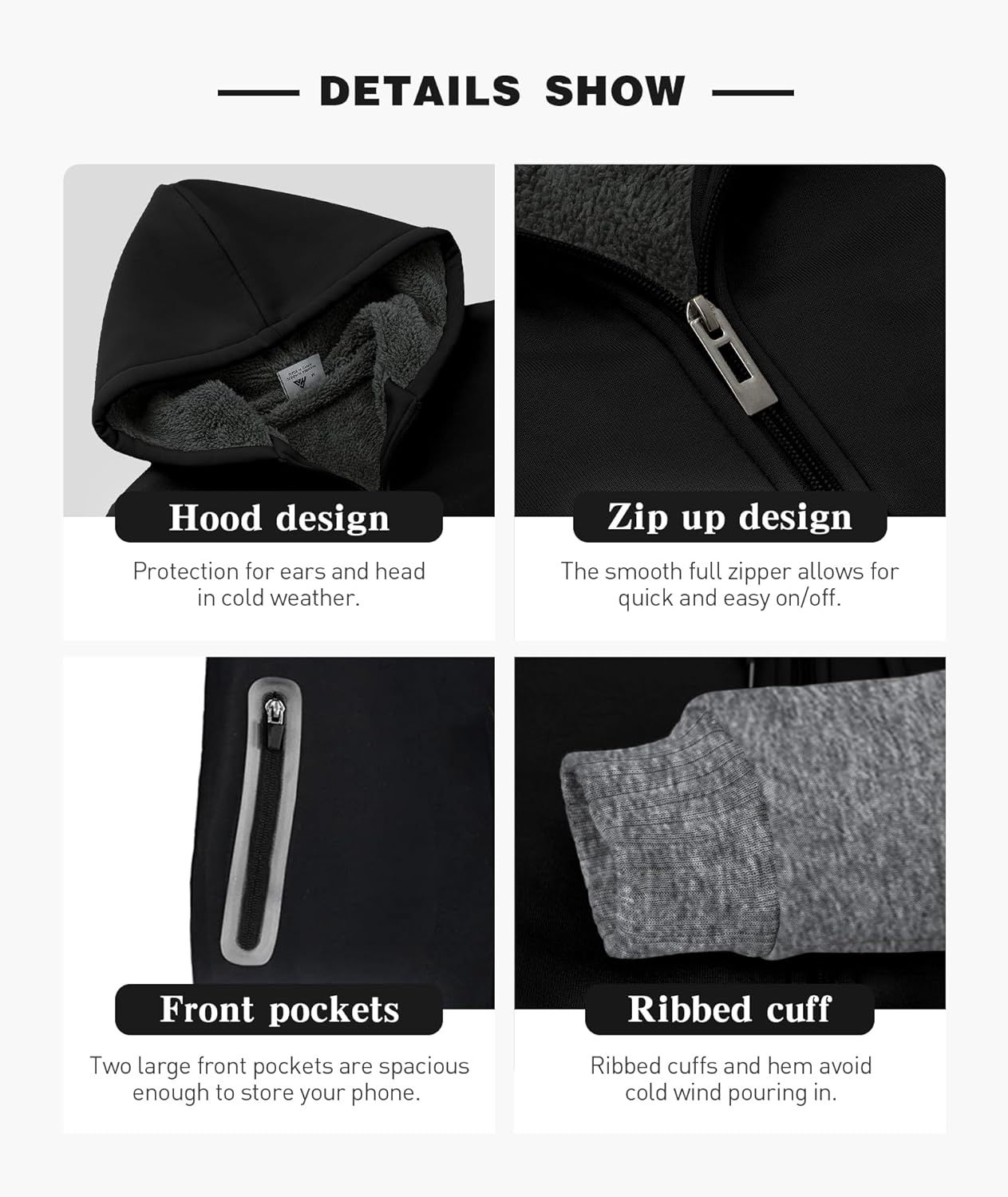 ZITY Men's Zip Up Hoodie Heavyweight Winter Sweatshirt Fleece Sherpa Lined Warm Jacket - Image 5