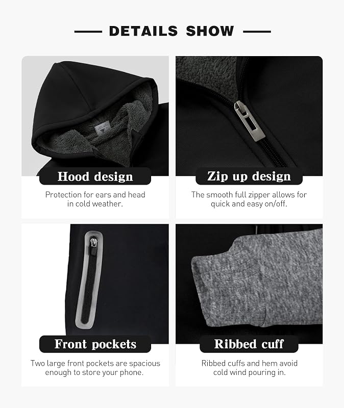 ZITY Men's Zip Up Hoodie Heavyweight Winter Sweatshirt Fleece Sherpa Lined Warm Jacket Black/Dark Gray image 5