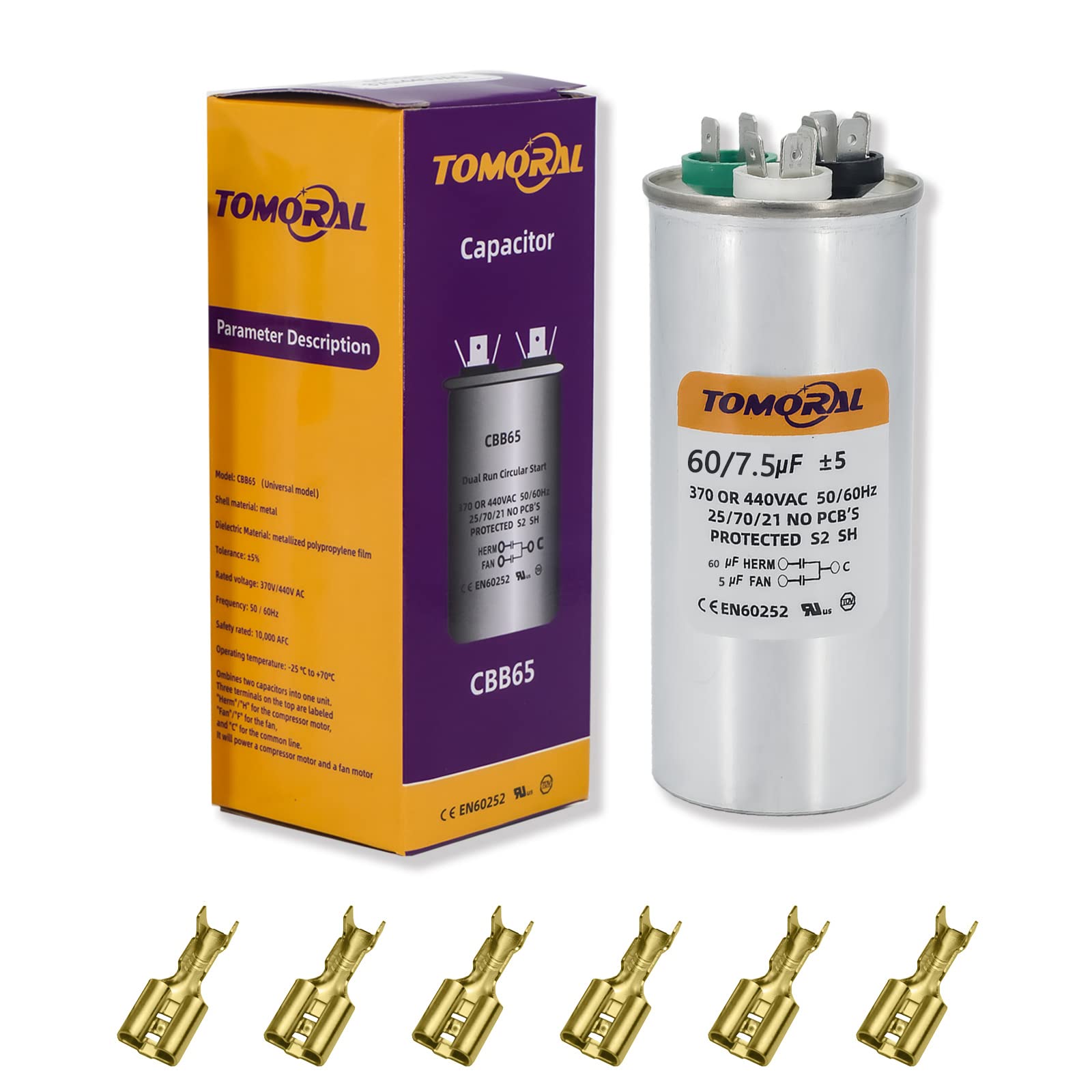 TOMORAL 60+7.5 MFD 60/7.5 uF ±5% 370VAC/440 Volt CBB65 Dual Run Round Capacitor for AC. for Condenser Straight Cool or AC Motor and Fan Starting or Heat Pump Air Conditioner (Universal Compatibility)