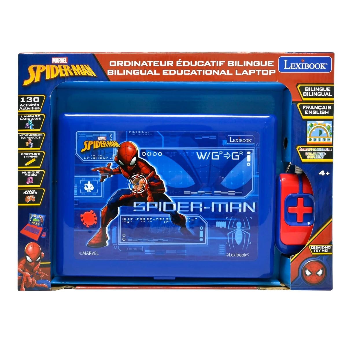 Lexibook Spider-Man - Ordenador portátil Educativo bilingüe (130 Actividades de Aprendizaje, matemáticas, Idiomas, lógica, Juegos y música, JC798SPi1LXB