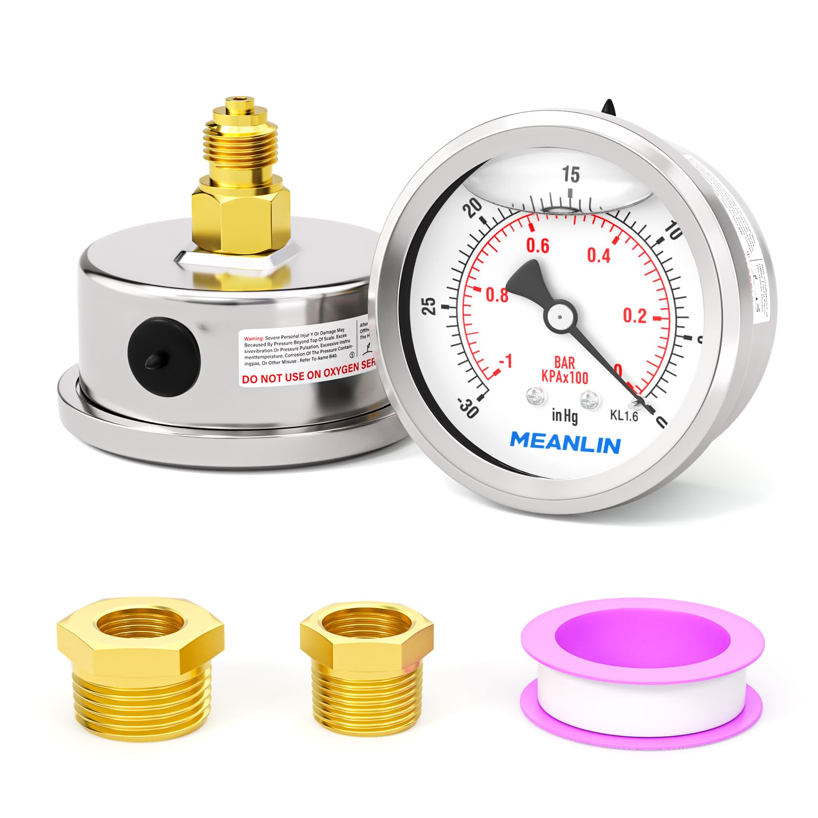 MEANLIN MEASURE -1~0BAR/-30~0in Manomètre à vide à huile en acier inoxydable 1/8"BSP 2.5" WOG Water Oil Air Montage arrière, avec douille hexagonale 1/4" BSP et 3/8" BSP
