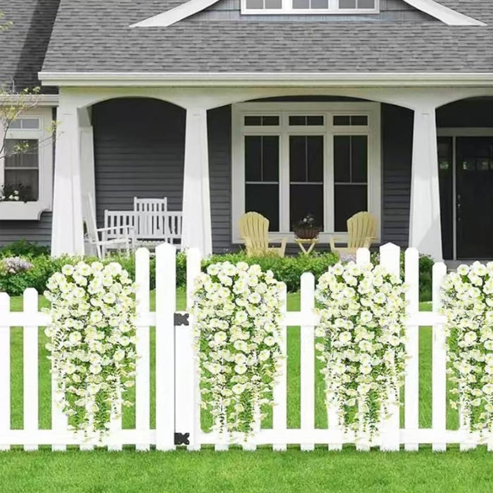 Generisch Kunstmatige hangplanten als echt, uv-bescherming, decoratie, hangende planten, Morning Glory, 75 cm lang, onderhoudsvrije kunstplanten, wijnstok voor tuin, indoor, outdoor decoratie