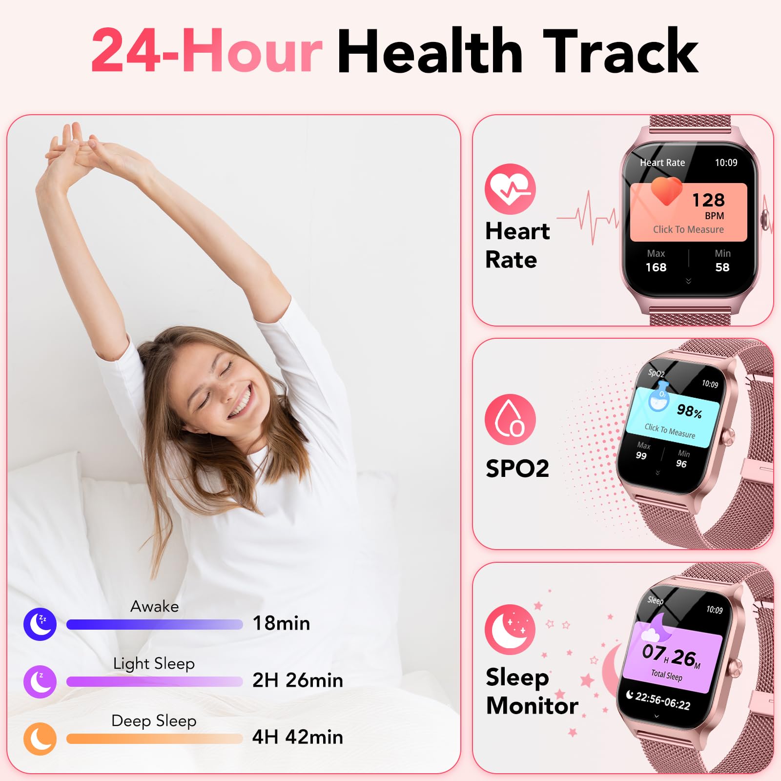 Reloj Inteligente Mujer con Llamadas Bluetooth y Asistente IA, Whatsapp Notificaciones,1.85" HD Smartwatch Mujer con SpO2/Pulsómetro/Monitor de Sueño,120+ Modos Deportes para iPhone Android,2 Correas