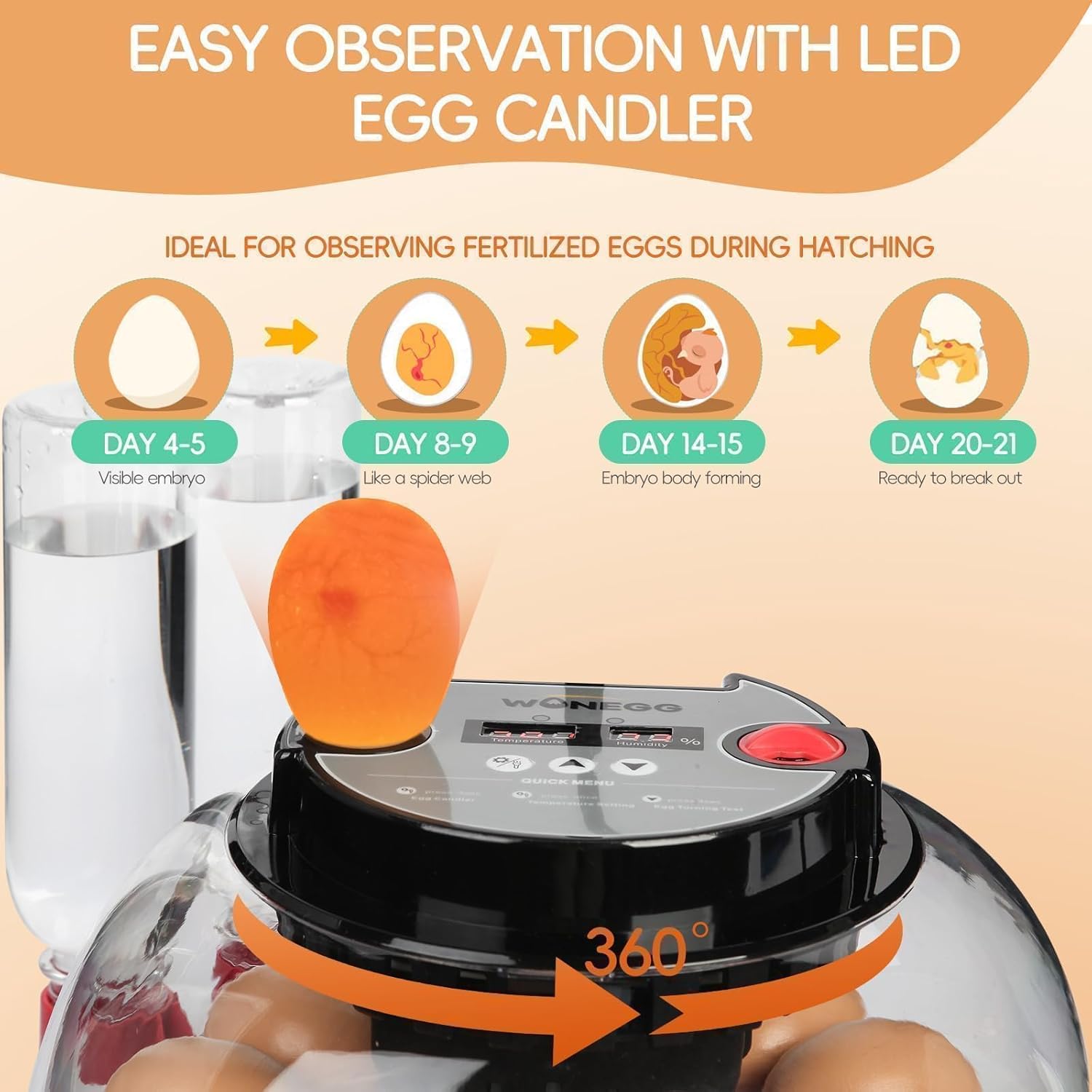 Series II - 12 Egg Automatic Incubator for Beginners, Smart Adaptive Humidity (Dual-Bottle) & Auto Temp Control, Auto Egg Turn, Real-Time Display, Candler, 360° View for Hatching Poultry Eggs
